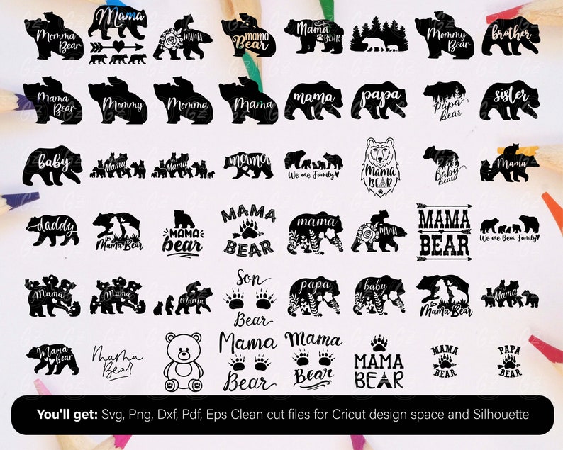 Puede incluir: Una colecci&oacute;n de dise&ntilde;os de osos negros, incluyendo siluetas de osos con textos como "Mama Bear", "Papa Bear" y "Baby Bear". Adecuado para proyectos de Cricut y Silhouette.