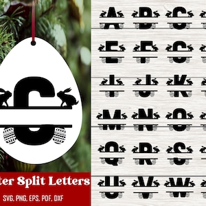 Puede incluir: Un conjunto de archivos SVG de letras divididas en blanco y negro con conejos de Pascua. Las letras est&aacute;n divididas por la mitad con un conejo a cada lado. Las letras son de la A a la X.  Letras divididas de Pascua SVG, PNG, EPS, PDF, DXF