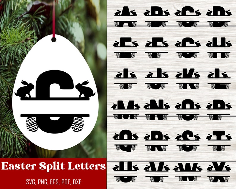 Puede incluir: Un conjunto de archivos SVG de letras divididas en blanco y negro con conejos de Pascua. Las letras est&aacute;n divididas por la mitad con un conejo a cada lado. Las letras son de la A a la X.  Letras divididas de Pascua SVG, PNG, EPS, PDF, DXF