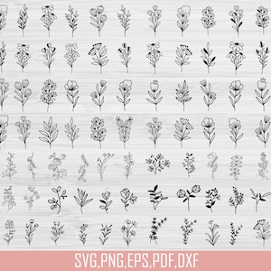 Pacote Svg de 108 flores silvestres, desenhado à mão, pacote Png de flores silvestres, pacote Svg de flores, pacote Svg floral, pacote Svg botânico, pacote SVG de plantas