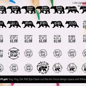Puede incluir: Siluetas de osos negros con t&iacute;tulos familiares como "Mama Bear", "Papa Bear" y "Baby Bear". Dise&ntilde;os adicionales incluyen "Auntie Bear", "Grandpa Bear" y "Cousin Bear". La imagen tambi&eacute;n incluye texto: "You'll get: Svg, Png, Dxf, Pdf, Eps Clean cut files for Cricut design space and Silhouette."