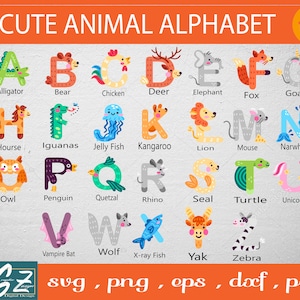 Cute Animals Alphabet Svg, Animal Alphabet Bundle Svg, A-Z Animals Svg, Art Kids Svg, Animals Font Svg, Cute Animals Alphabet Png, Dxf Eps