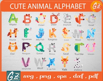 Animaux mignons Alphabet Svg, Animal Alphabet Bundle Svg, A-Z animaux Svg, Art Kids Svg, animaux police Svg, animaux mignons Alphabet Png, Dxf Eps