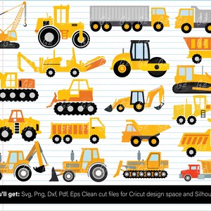 May include: A set of 18 yellow construction vehicle clip art images. The images include a crane, bulldozer, dump truck, backhoe, excavator, road roller, and more.