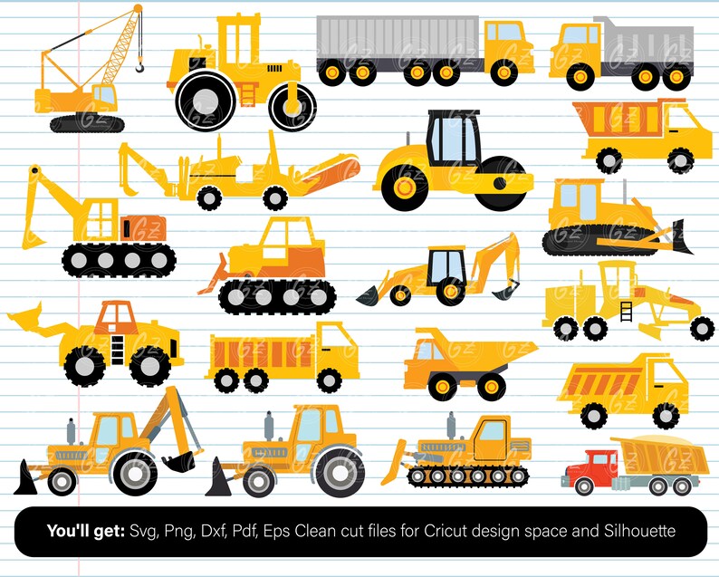 May include: A set of 18 yellow construction vehicle clip art images. The images include a crane, bulldozer, dump truck, backhoe, excavator, road roller, and more.