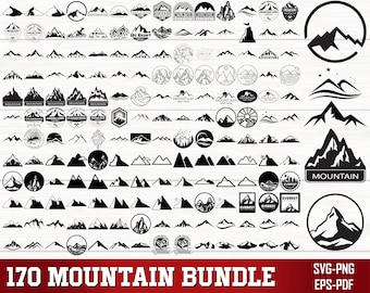 May include: A collection of 170 mountain-themed designs in black and white. The designs include various mountain silhouettes, badges, and logos. The text "170 MOUNTAIN BUNDLE" is displayed at the bottom, along with "SVG-PNG EPS-PDF".