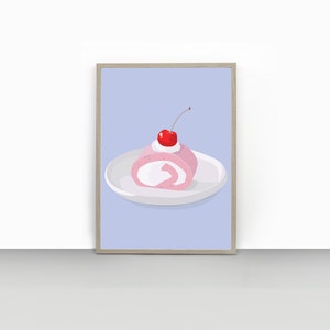 Kuchen Druck | Kuchen Dessert Wandkunst | Poster für die Küche | Kirsch Kuchen Kunst | Dessert Poster | Essen Printable | Roll Cake Art