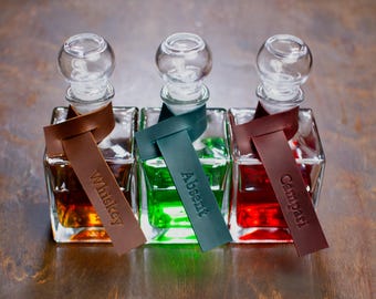 Personalized Leather Bottle Tag: Home Bar Decanter Label, Custom Brand Name Hang Tag