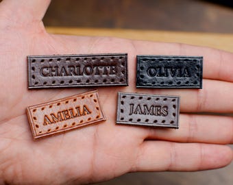 Personalized Leather Name Patch, Custom Children Name Tag, Handmade Item Brand Label, Sewing Emblem