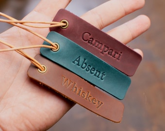 Personalized Leather Bottle Tag: Custom Handmade Item Label, Brand Name Hang Tag