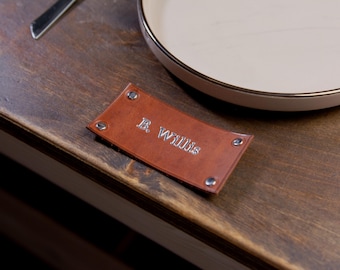 Leather Wedding Place Cards: Rustic Name Guest Seating Card, Personalized Name Tag