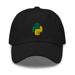 May include: Black baseball cap with an embroidered green and yellow Python logo.