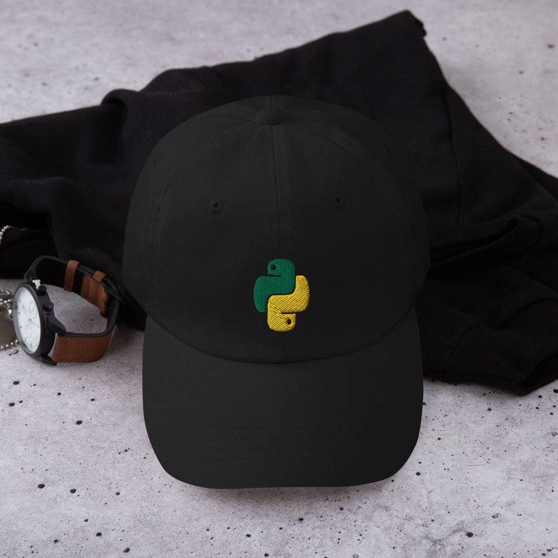 May include: A black baseball cap with an embroidered green and yellow Python logo.