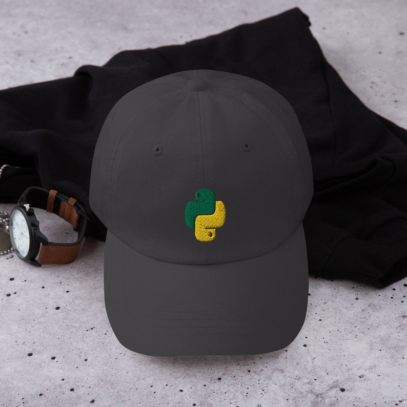 May include: A dark gray baseball cap with an embroidered green and yellow Python logo.