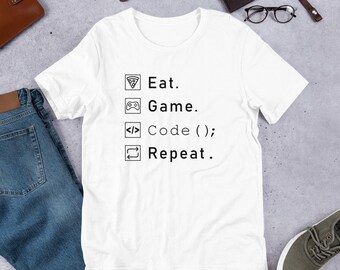 Comer. Juego. Código. Repetir. / Camisa de codificación / Camisa de desarrollador de software / Camisa del programador / Unisex