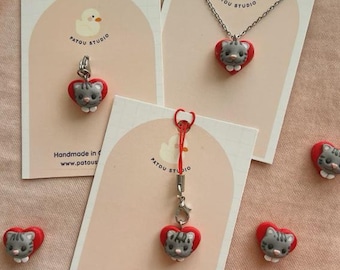 Handmade Simba Tabby Grey Cat Heart Miniature | Necklace, Phone Charm or Tiny Hook