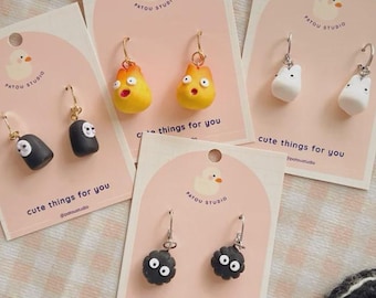 Ghubli Handmade Clay Dangle Earrings: Faceless, Fire guy, white toroto, or dust dunnies