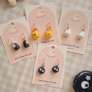 Ghubli Handmade Clay Dangle Earrings: No face, Calcifer, White Totoro, or Soot Sprite