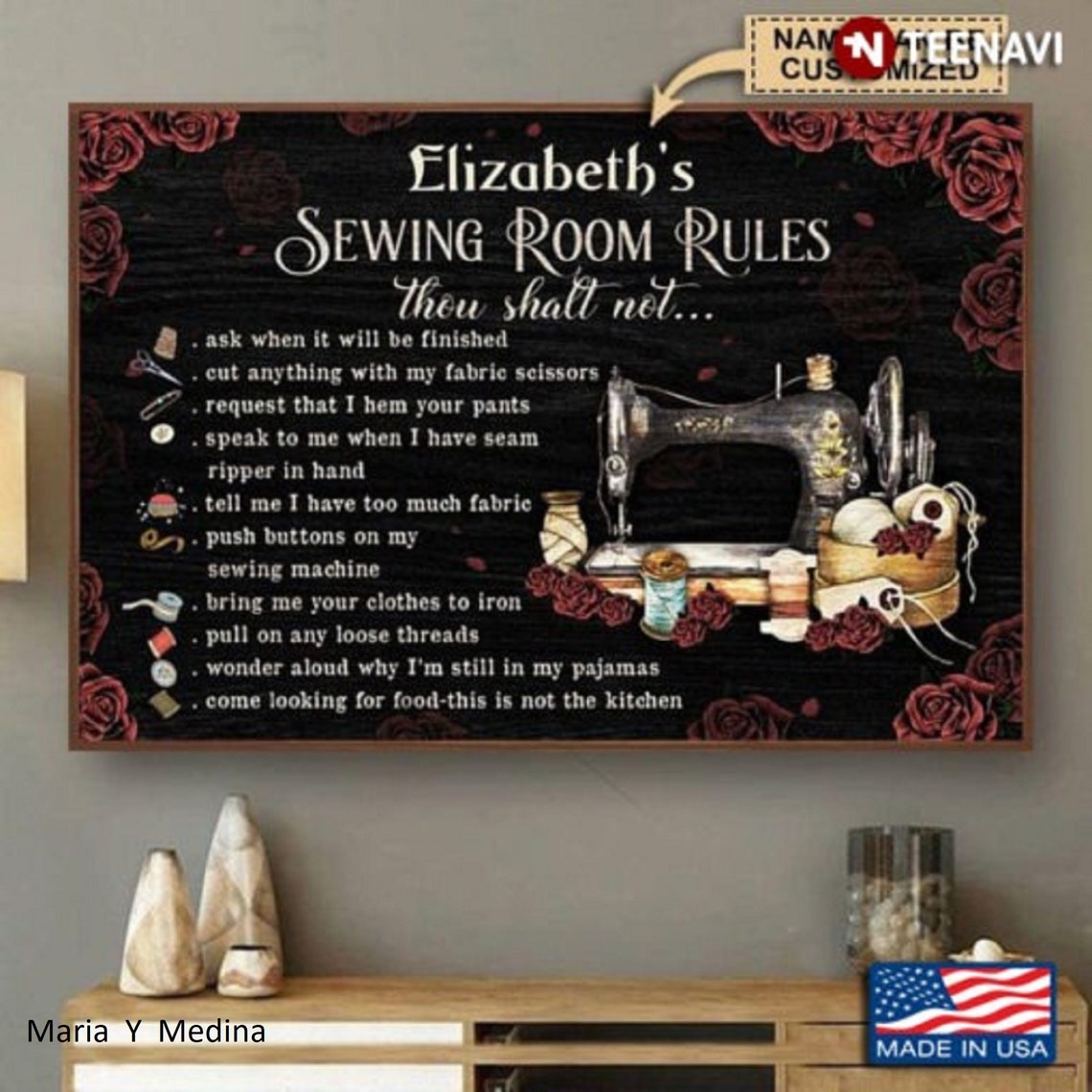 Rose Theme Customized Name Sewing Room Rules Thou Shalt Not Etsy