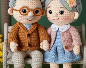 Wzór szydełkowy na parę dziadków amigurumi | Starsze lalki na ławce w parku (do pobrania w formacie PDF)