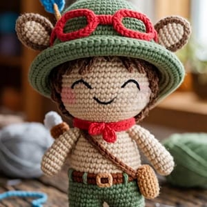 以下が含まれることがあります： 緑の帽子、赤いゴーグル、青い羽をつけた手作りのかぎ針編み人形。人形は笑顔で、赤いスカーフと緑のショートパンツを着ています。茶色のサッチェルとブーツがあり、木製の表面に立っています。