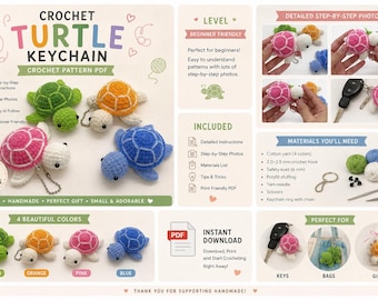 Crochet Turtle Keychain Pattern, Easy Amigurumi Plushie Tutorial (PDF Download)
