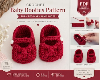 Crochet Baby Booties Pattern | Ruby Red Mary Jane Shoes (0-12M) (PDF Download)
