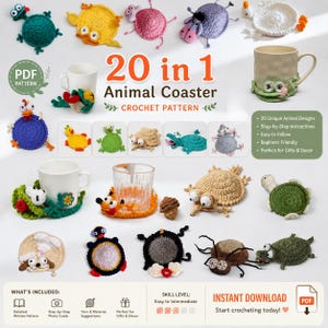 May include: A collection of 20 crochet animal coaster patterns. The coasters are in various animal shapes, including a frog, turtle, and ladybug. The image includes the text "20 in 1 Animal Coaster Crochet Pattern" and "Instant Download".