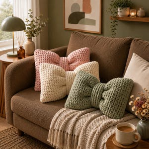 Motif de coussin avec nœud au crochet, coussin nuage en chenille, décoration de chambre confortable à faire soi-même (téléchargement PDF)