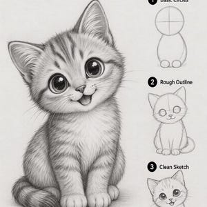 Peut inclure: Dessin au crayon d'un chaton tigré gris avec de grands yeux et une expression souriante. L'image comprend des instructions étape par étape pour dessiner un chat, avec le texte "You Can Draw This" en haut.