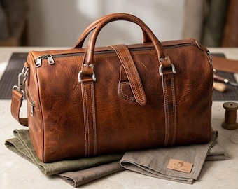 Handmade Genuine Leather Duffel Bag, Vintage Travel Weekender Overnight Carry On