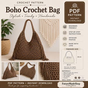 Può includere: Un modello all'uncinetto per una borsa Boho con frange. La borsa è marrone e presenta un ampio motivo a trama aperta. Il modello include istruzioni passo passo e foto dettagliate. La borsa finita misura 36 cm di larghezza, 30 cm di altezza e 26 cm di profondità.