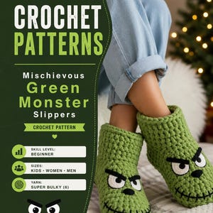 Virkmönster för gröna monstertofflor | Grov chenillestövel (PDF-nedladdning)