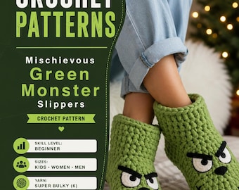 Green Monster Slippers Crochet Pattern | Chunky Chenille Boot (PDF Download)