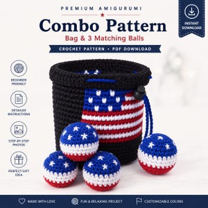 May include: A crochet pattern for a bag and three matching balls. The bag is black with a red, white, and blue striped design. The balls are blue with white stars and red and white stripes. The text on the image says "Combo Pattern".