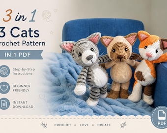 3-in-1 Cat Crochet Pattern PDF, Tabby Siamese Calico Amigurumi (Instant Download)