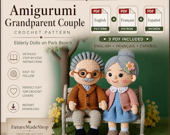 Amigurumi Grandparent Couple Crochet Pattern | Elderly Dolls on Park Bench (PDF Download)