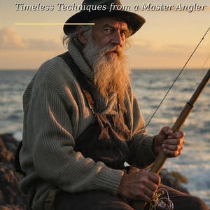Può includere: Un uomo anziano con una lunga barba bianca tiene una canna da pesca, seduto su una roccia vicino al mare. L'immagine include il testo: "My 64 Years of Fishing Secrets" e "Timeless Techniques from a Master Angler". Indossa un cappello, un maglione e una tuta.
