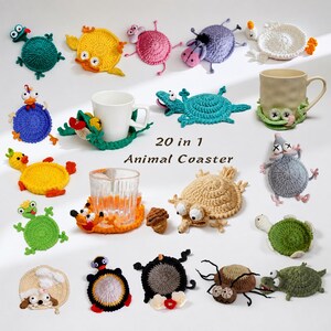 May include: A collection of 20 crocheted animal coasters in various colors and shapes, including frogs, turtles, and other creatures. Some coasters are shown under mugs and glasses. The text 20 in 1 Animal Coaster is centered in the middle.