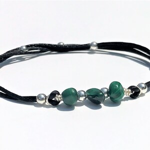 Malachite Bracelet: Silver Beads, Adjustable Gemstone Bracelet