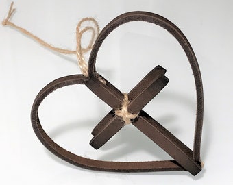 Leather Heart and Cross Ornament: Personalized Christian Gift