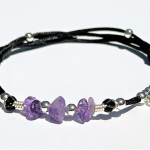 Amethyst Bracelet with Silver Beads: Adjustable Waterproof Crystal Jewelry