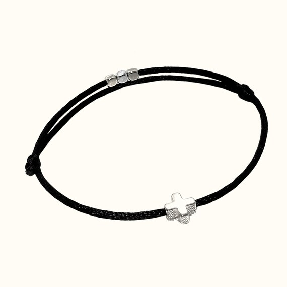 White Gold Cross Bracelet: Adjustable Nylon Cord, Initial Charm