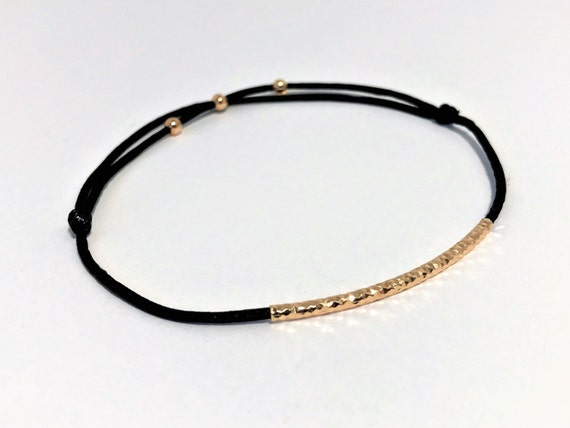 Black Silk Cord Bracelet: Gold Plated Tube, Adjustable Initial Bracelet