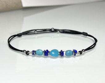 Turquoise Lapis Lazuli Anklet, Adjustable Hematite Gemstone Bracelet