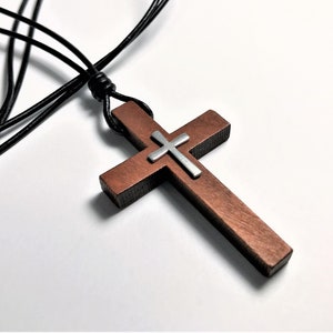 Wood Cross Necklace: Adjustable Leather Cord, Christian Pendant