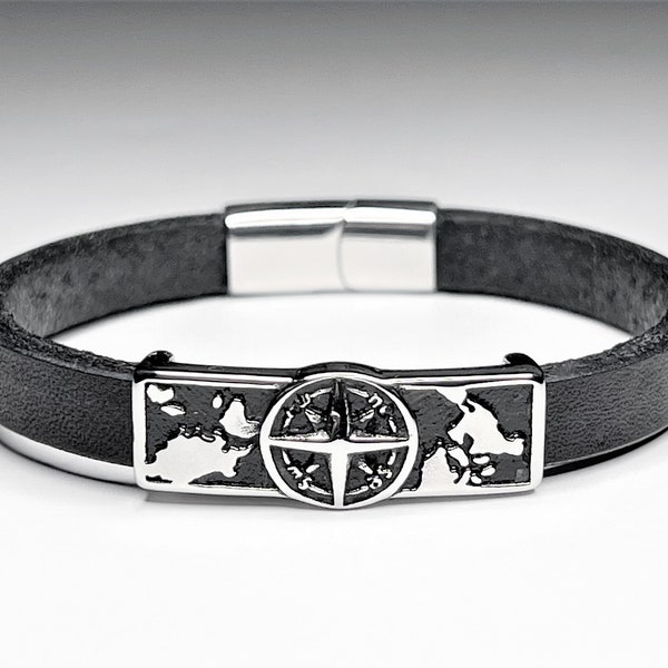 Leather Compass Bracelet for Men & Women with Stainless Steel Magnet Clasp, Non-Tarnish, Initials Personalized Gifts, 3rd year Anniversary