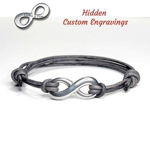 Engraved Infinity Leather Bracelet: Adjustable cord, Stainless Steel Charm, Anniversary Gifts, Non-tarnish