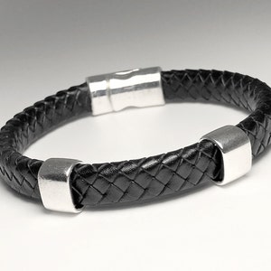 Braided Leather Bracelet with Magnetic Clasp & Silver Charms for Man and Woman, Anniversary Gifts, Unisex Biker Jewelry, Personalized Cuff