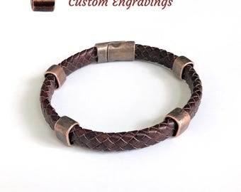 Personalized Men’s Braided Leather Bracelet with Copper Magnetic Clasp – Custom Engraved Gift